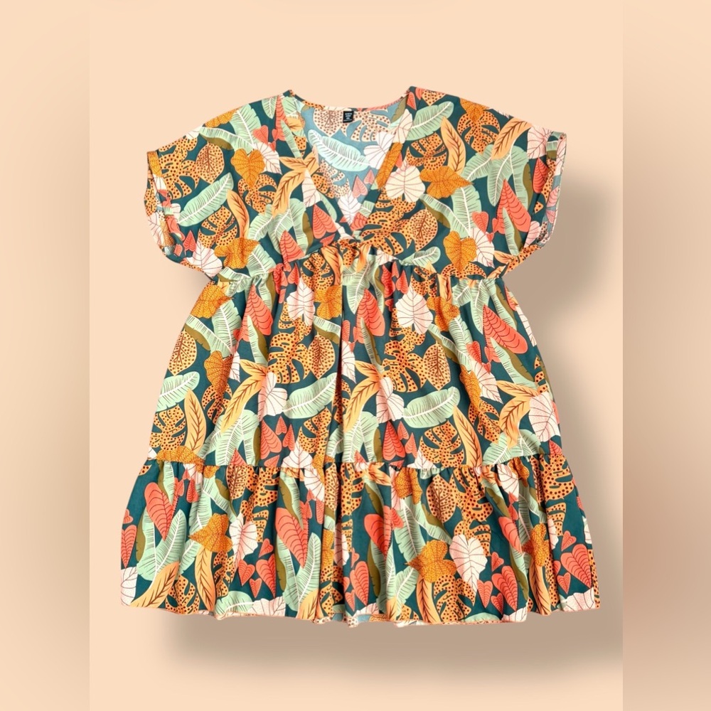 SHEIN Green Multi-Color Tropical Leaf V-Neck Smock Dress - Picture 3 of 6